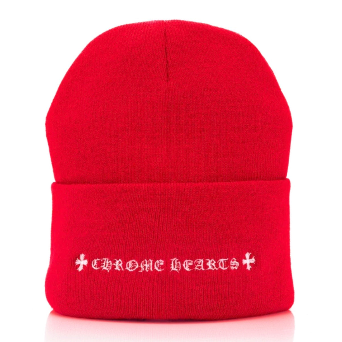 Red ribbed beanie with white CHROME HEARTS Old English embroidery flanked by crosses
