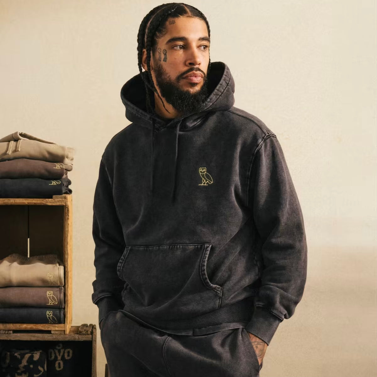 OVO Washed Black Hoodie On Body View