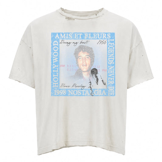 Amis et Fleurs Vintage White Legends Never Die 2.0 T-Shirt, off-white boxy tee with a pale blue framed portrait graphic