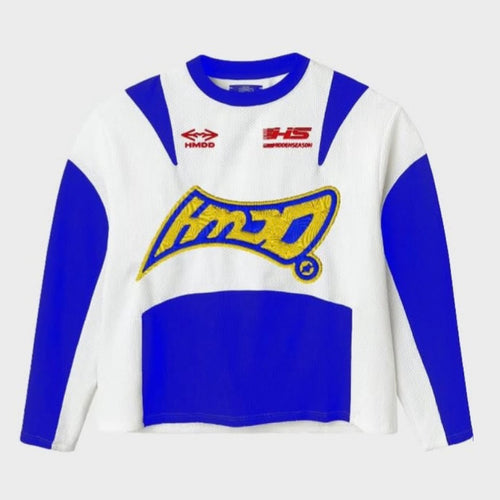 HMDD White Blue Moteaux Jersey, white and royal blue motocross long sleeve with yellow chest logo and sponsor patches