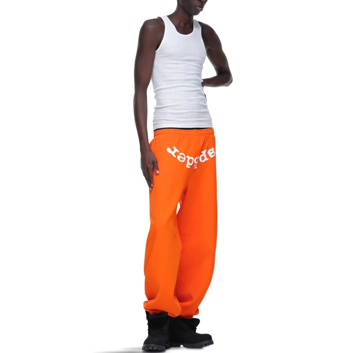 Sp5der Orange White Legacy Sweatpants On Body Front