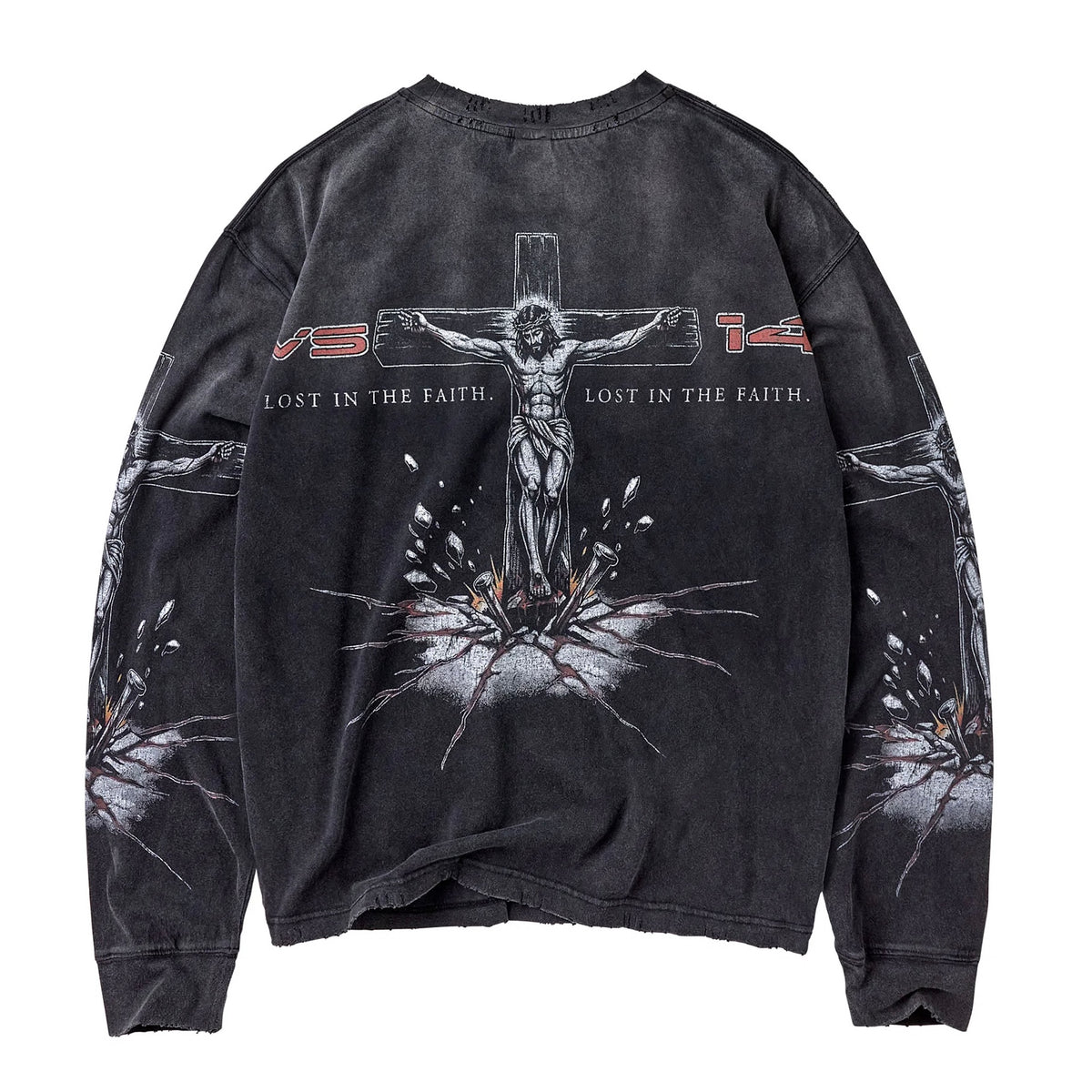 Vale Black Concrete Cross Long Sleeve back view with the crucifixion print and Lost In The Faith lettering