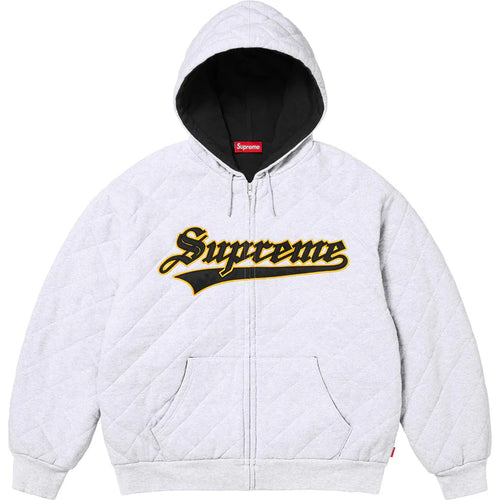 Supreme Ash Grey Quilted Zip Hoodie, quilted heather grey full-zip with a black hood lining and a gold chenille script chest logo