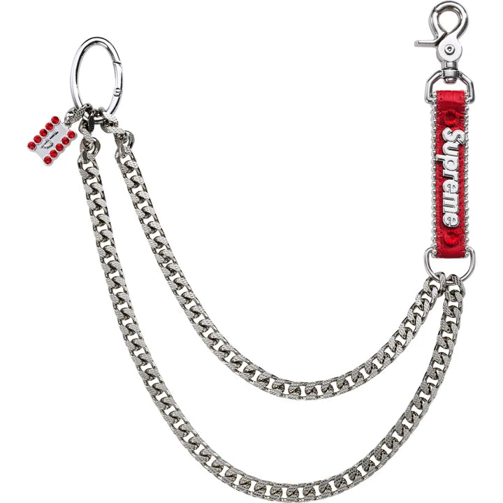 Supreme x b.b. Simon wallet chain: double silver curb chain with a clip, key ring, red rhinestone Supreme fob and red rhinestone charm