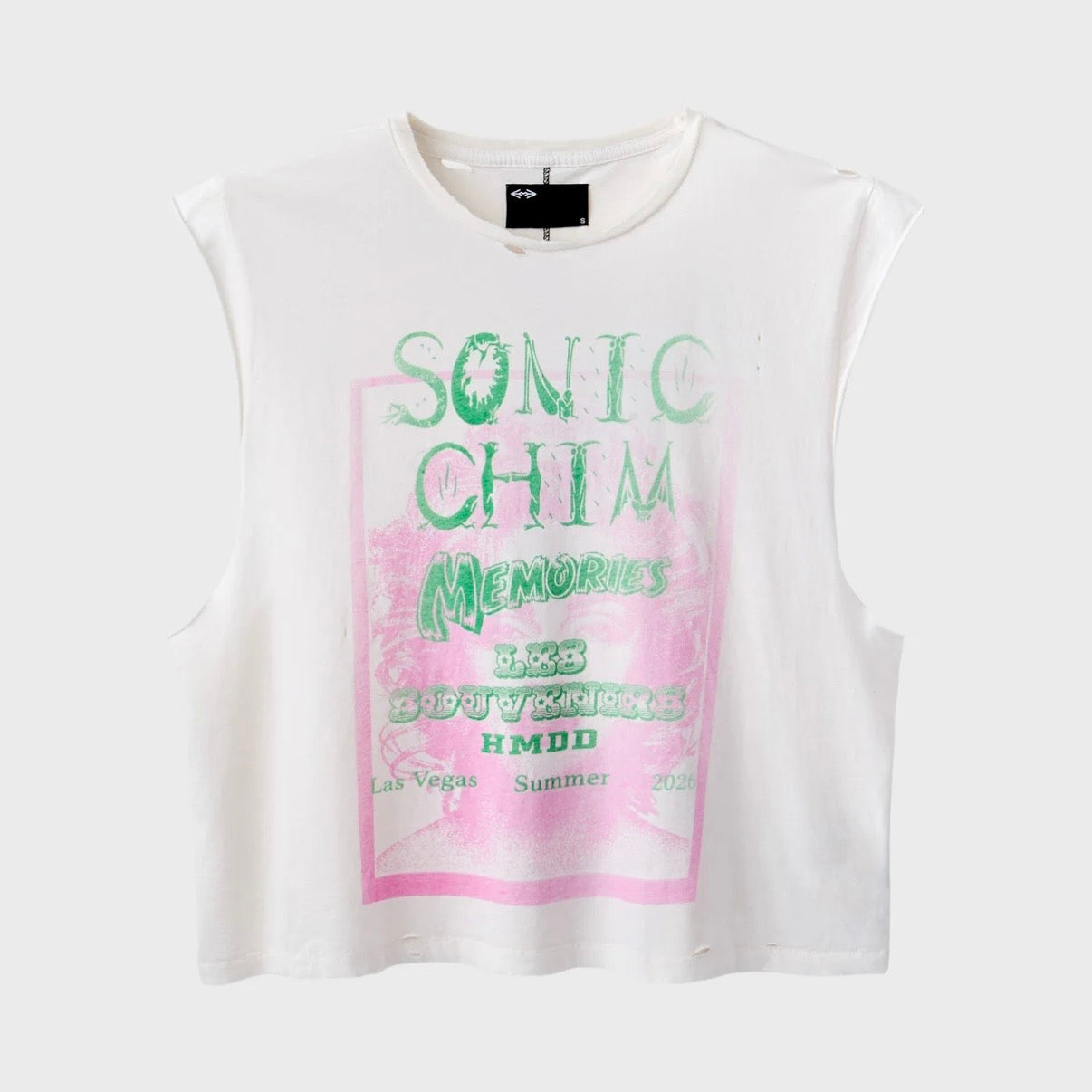 HMDD Vegas Cutoff, white sleeveless cutoff tee with a green SONIC CHIM print over a pink poster-style block
