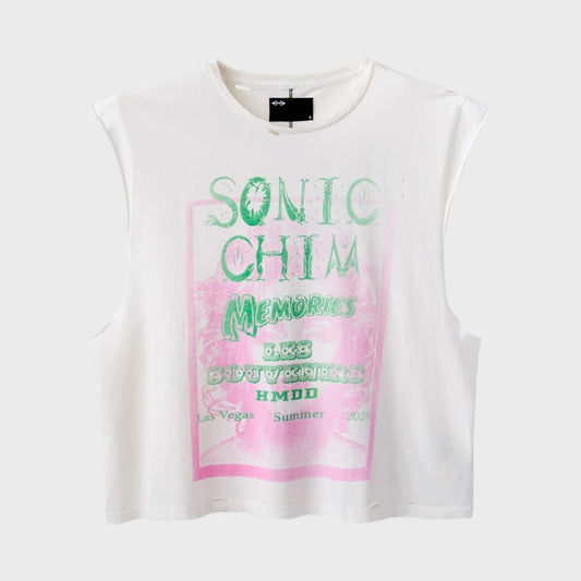 HMDD Vegas Cutoff, white sleeveless cutoff tee with a green SONIC CHIM print over a pink poster-style block