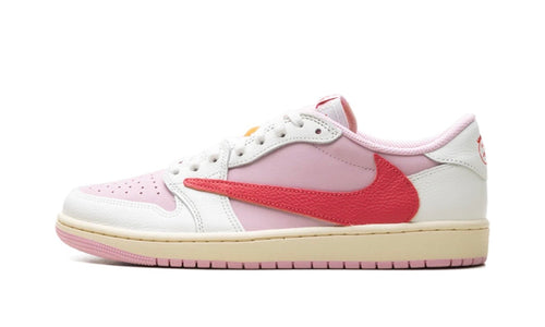 Travis Scott Jordan 1 Low Tropical Pink, side view, pale pink perforated toe and heel on white leather, bright red reversed swoosh