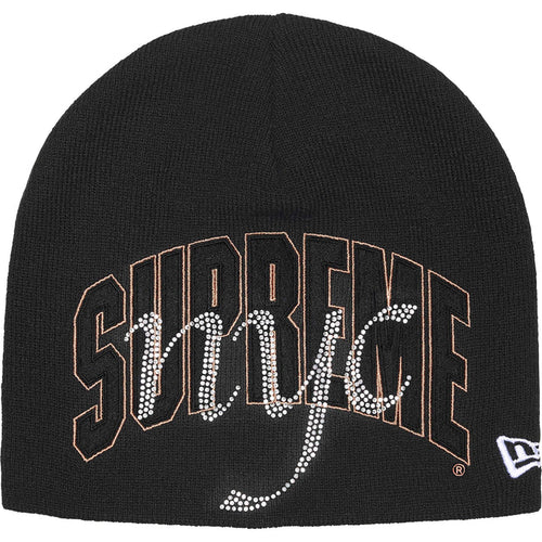Supreme Black New Era Rhinestone Beanie, black cuffless beanie with arched rhinestone lettering and a sparkling nyc script
