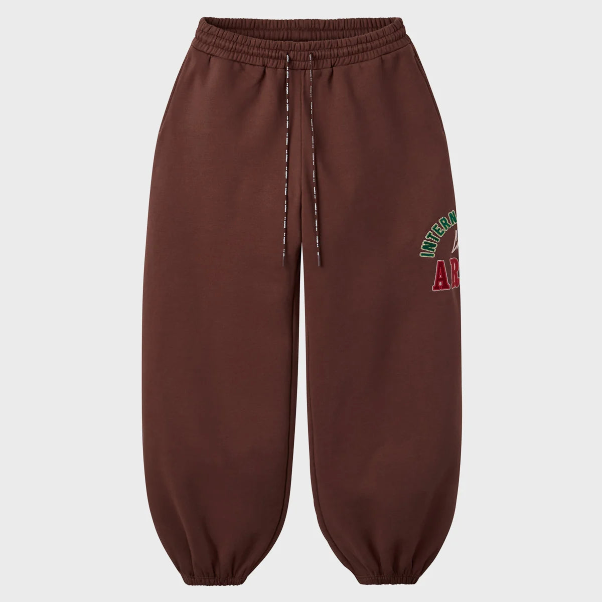 HMDD Brown International Sweats front view with elastic waist drawcord and elasticated cuffs