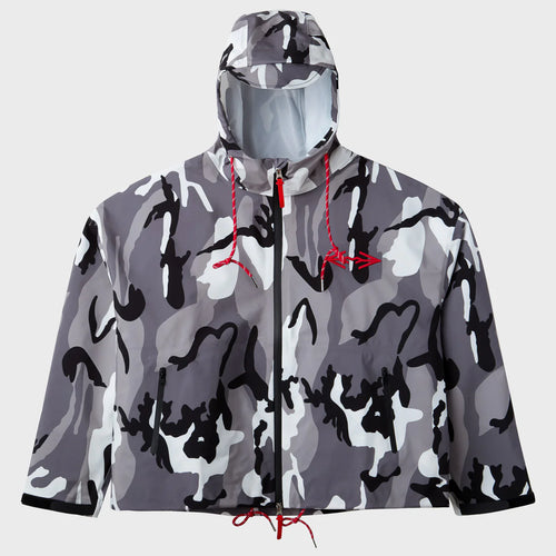 HMDD Storm Trooper Jacket, grey and black camo zip jacket with a hood, red drawcords at hem and a red arrow logo on the chest