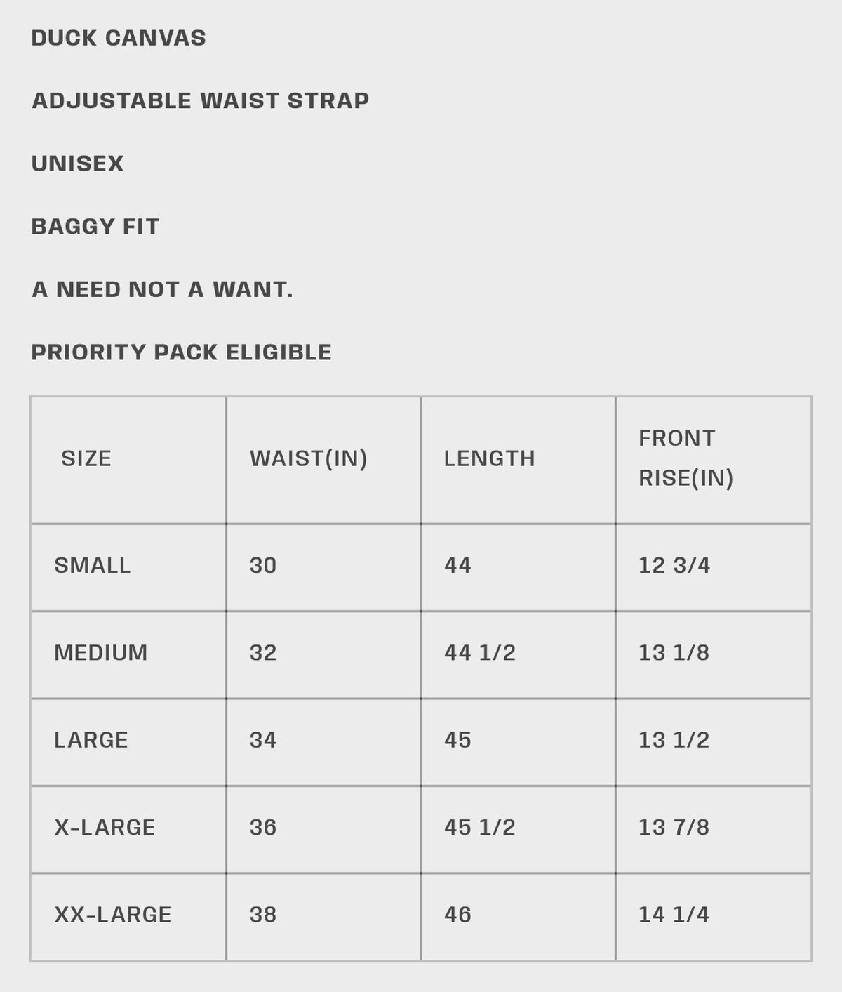 HMDD Big Ed Work Pants, size guide listing waist, length and front rise for S to XXL