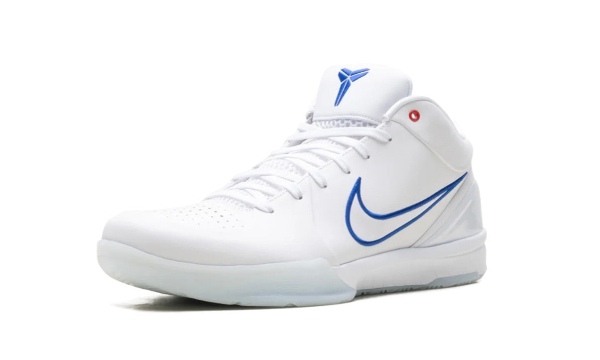 Nike Kobe 4 Protro Draft Day Pack Los Angeles Clippers, side view of a white low-top with blue Swoosh and blue Kobe logo on the tongue