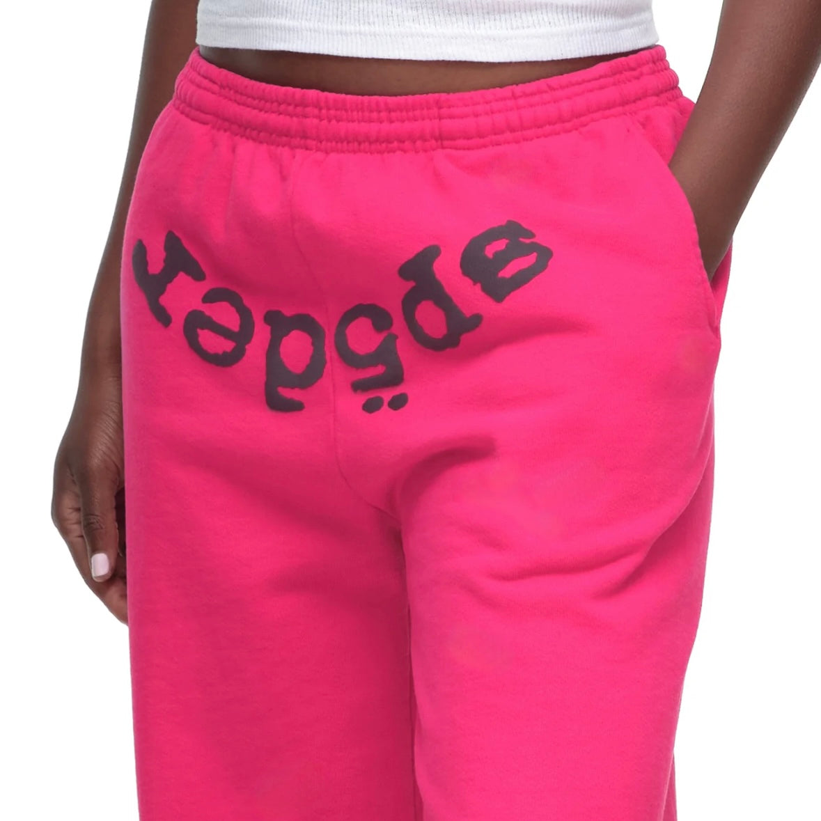 Sp5der Pink Black Legacy Sweatpants On Body Close