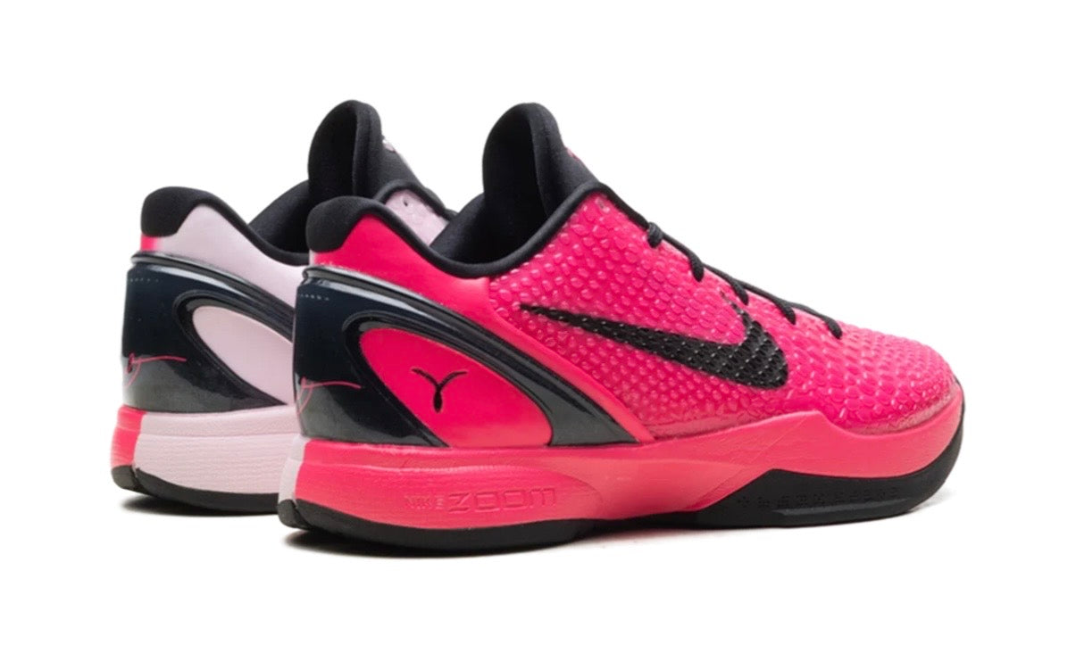 Nike Kobe 6 Protro Kay Yow Think Pink, back view of the pair, pink uppers with black heel counters and pale pink lining