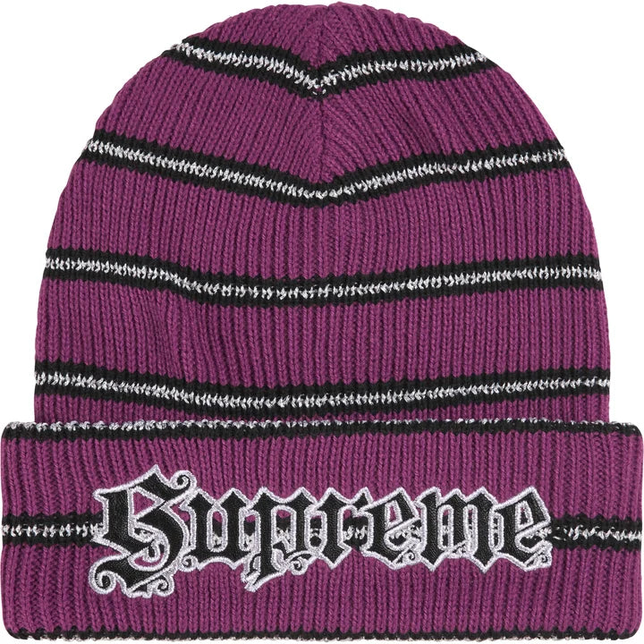 Supreme Purple Metallic Stripe Beanie front view with black and metallic stripes and Old English cuff logo