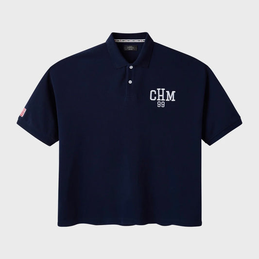 HMDD Glo Navy Polo, front of a navy short-sleeve polo with a white CHM 99 chest logo and a small sleeve patch