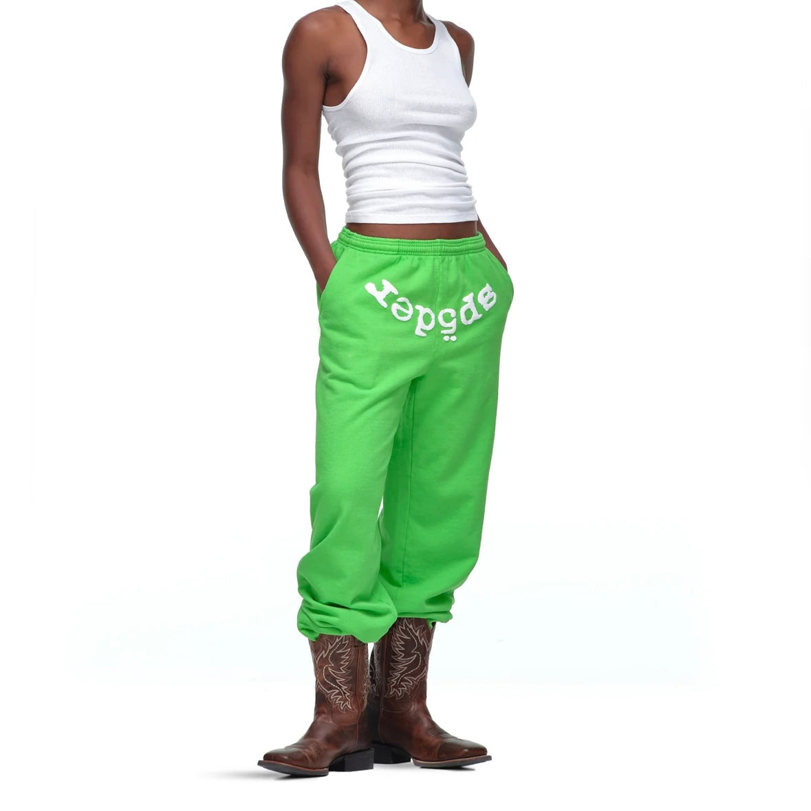 Sp5der Green White Legacy Sweatpants On Body Front Female