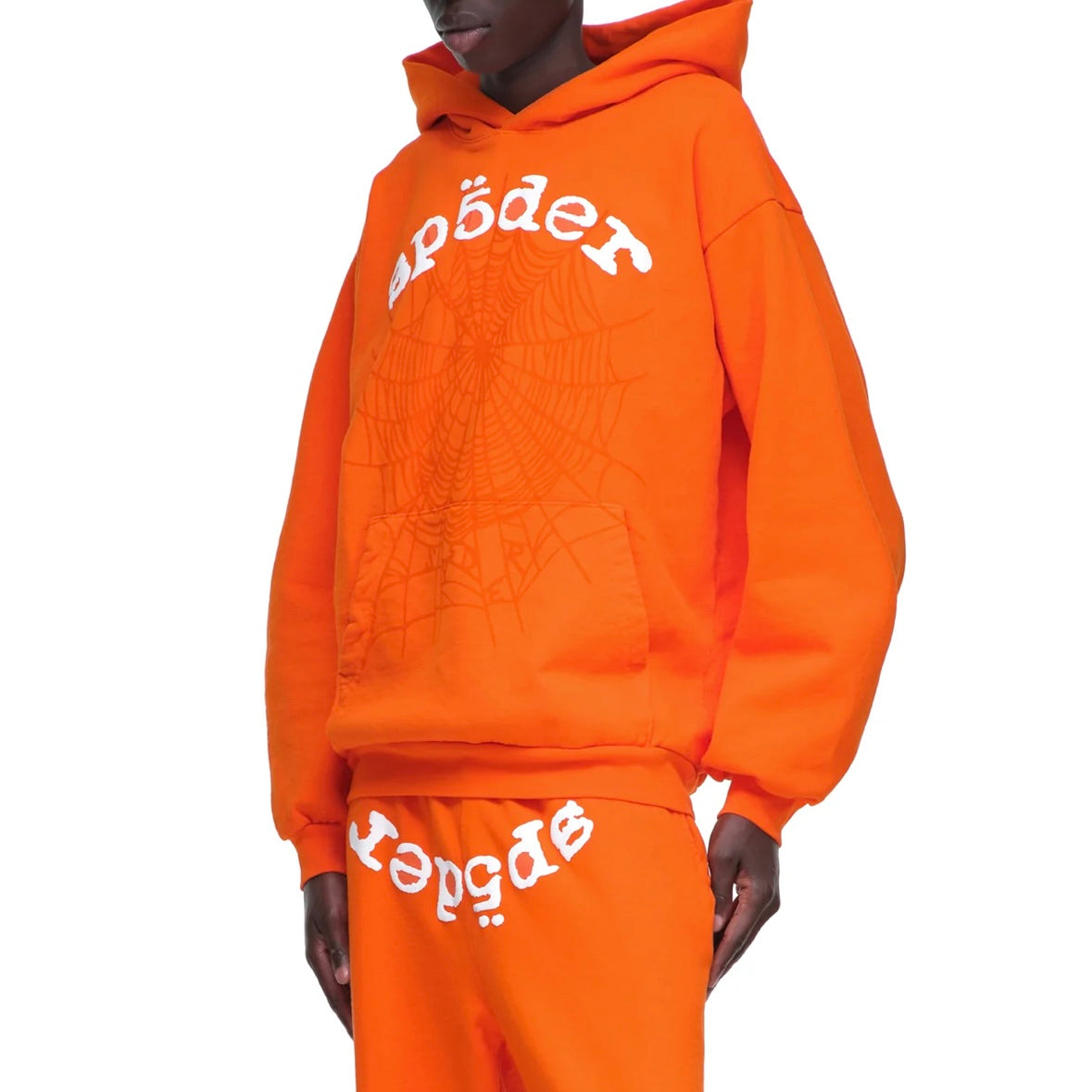 Sp5der Orange White Legacy Hoodie On Body Front Left Male