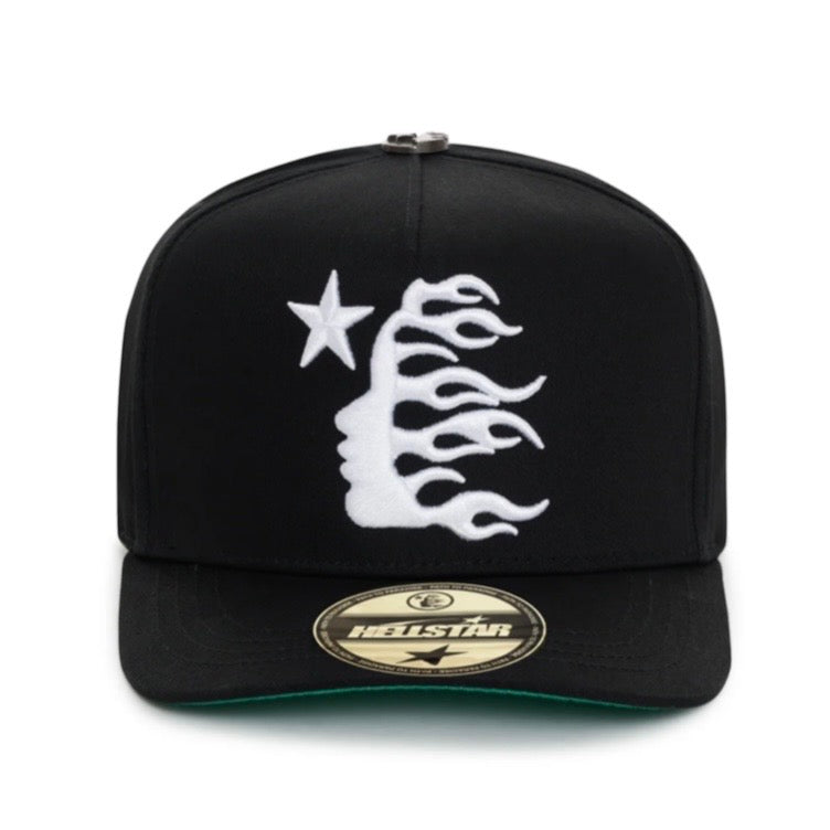 Hellstar Black OG Logo Snapback Hat, black snapback with white star and flame embroidery and an oval label on the brim