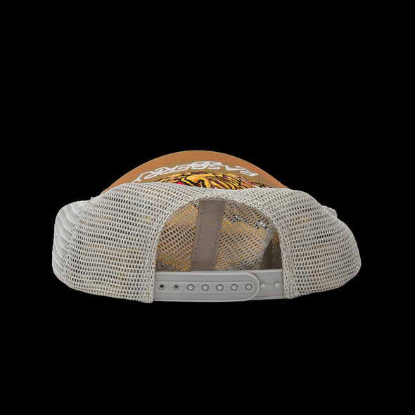 Back view of the trucker cap showing cream mesh panels and adjustable strap