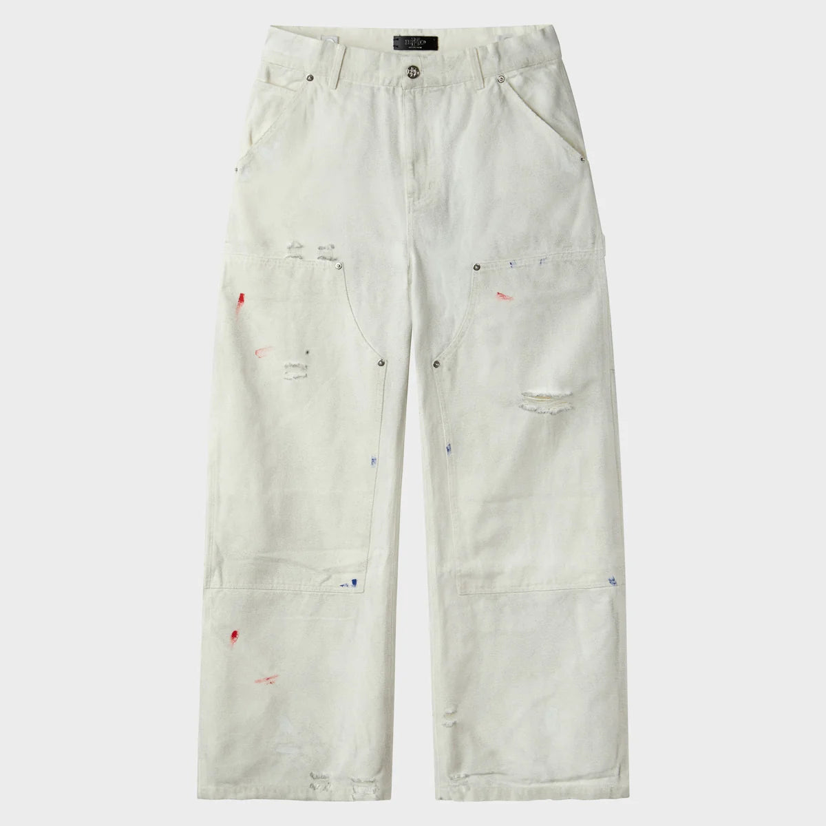 HMDD Big Ed Work Pants, off-white canvas work pants with paint splatter, double knees and distressing