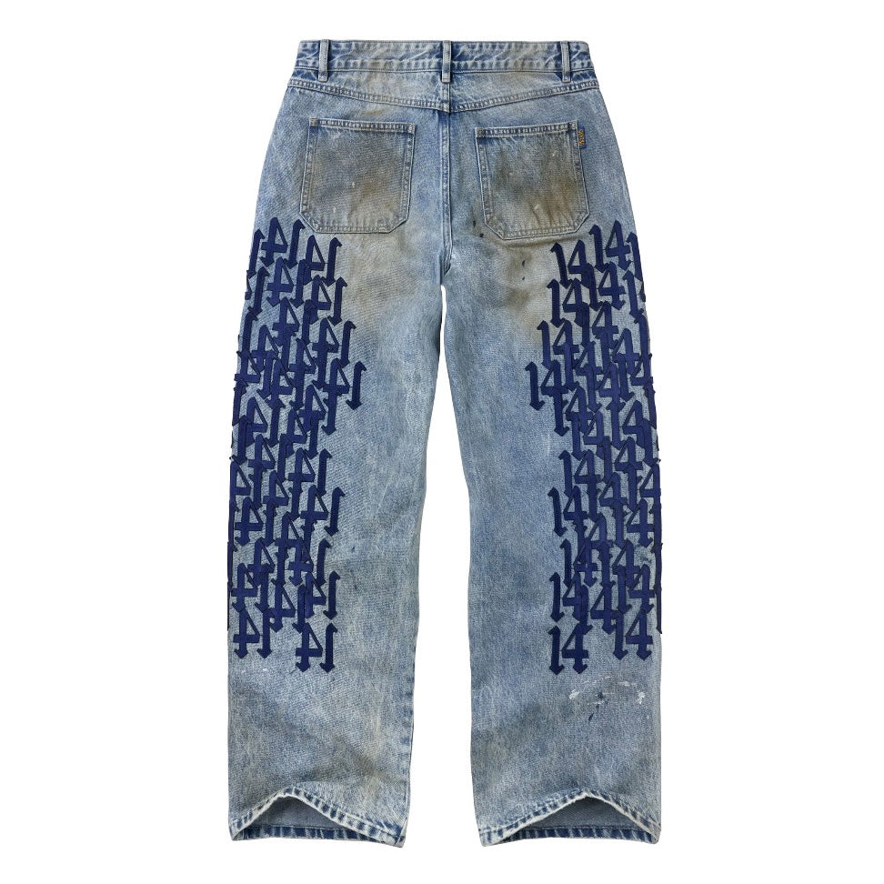 Vale Shipyard Painter Pants, back of the light wash pants with navy 414 lettering, a stained seat and frayed hems