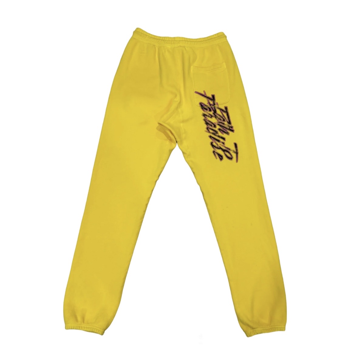 Hellstar Yellow Racer Sweatpants back with pink From Hellstar With Love script on the thigh
