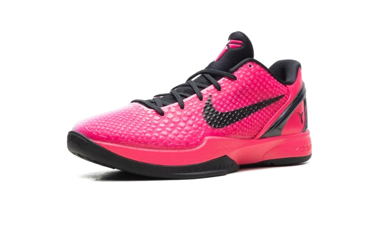 Nike Kobe 6 Protro Kay Yow Think Pink, angled front view of one shoe, pink snakeskin toe, black Swoosh and black collar