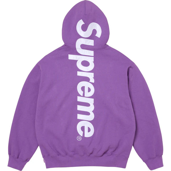 Supreme Violet Satin Applique Hoodie, back of a violet pullover hoodie with a huge white satin logo running down from the hood