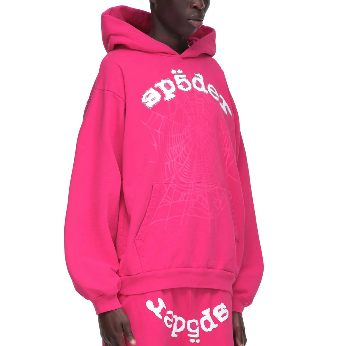 Sp5der Pink White Rhinestone Legacy Hoodie On Body Front Right