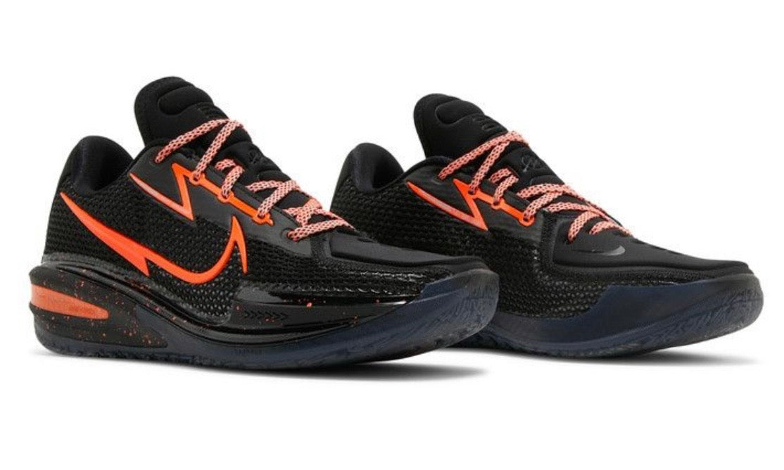Nike Air Zoom GT Cut EYBL Black, pair angled forward showing black uppers and orange swooshes