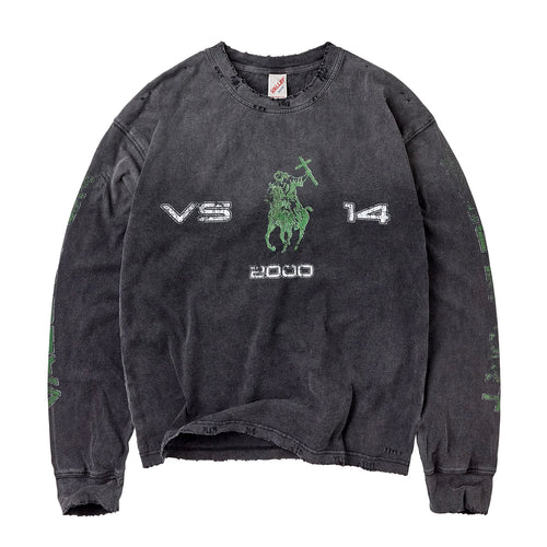 Vale Black Crusader Long Sleeve front - washed black with a green crusader rider, VS, 14 and 2000 at the chest