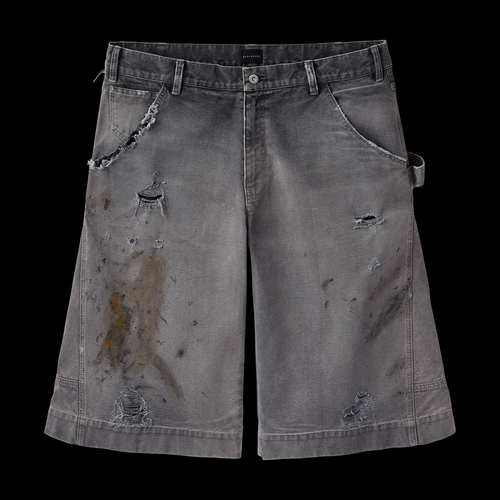 GV Gallery Grey Work Jorts, grey washed denim jorts with paint staining, rips and a hammer loop