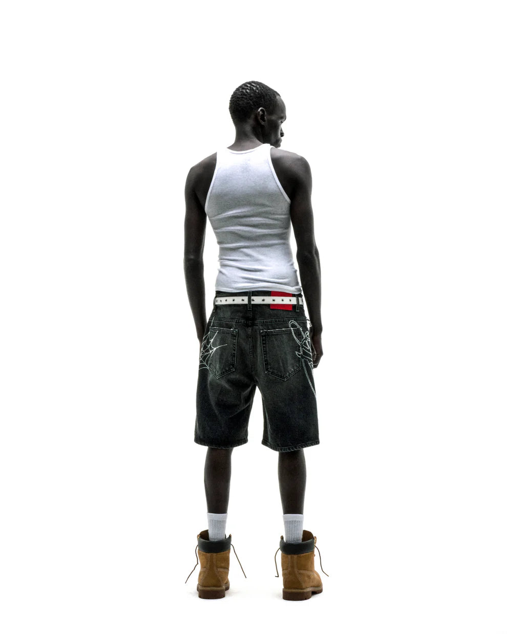 Sp5der Black Wash Script Denim Shorts