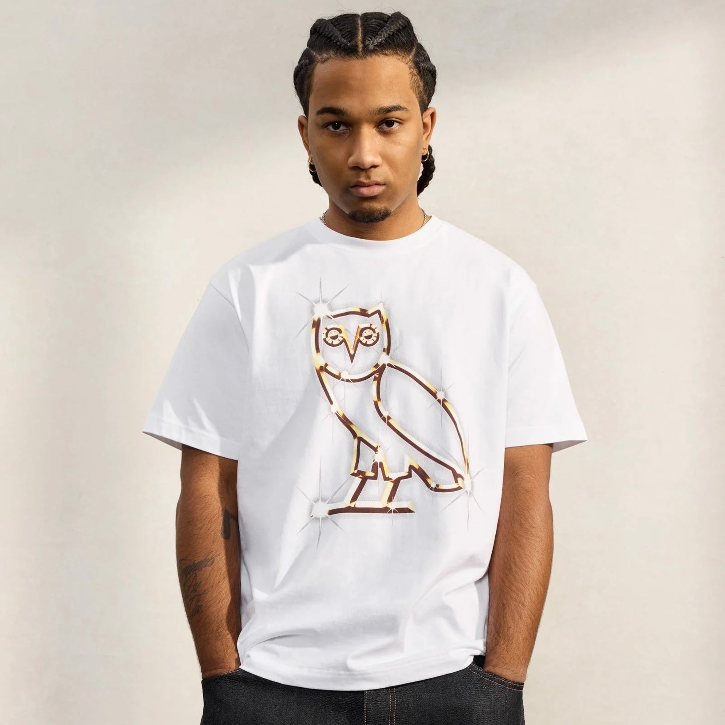 OVO White Bling T-Shirt On Body Front