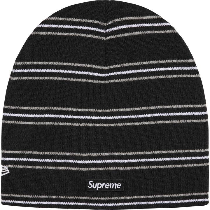 Back of the black Supreme New Era striped beanie with a small white Supreme logo