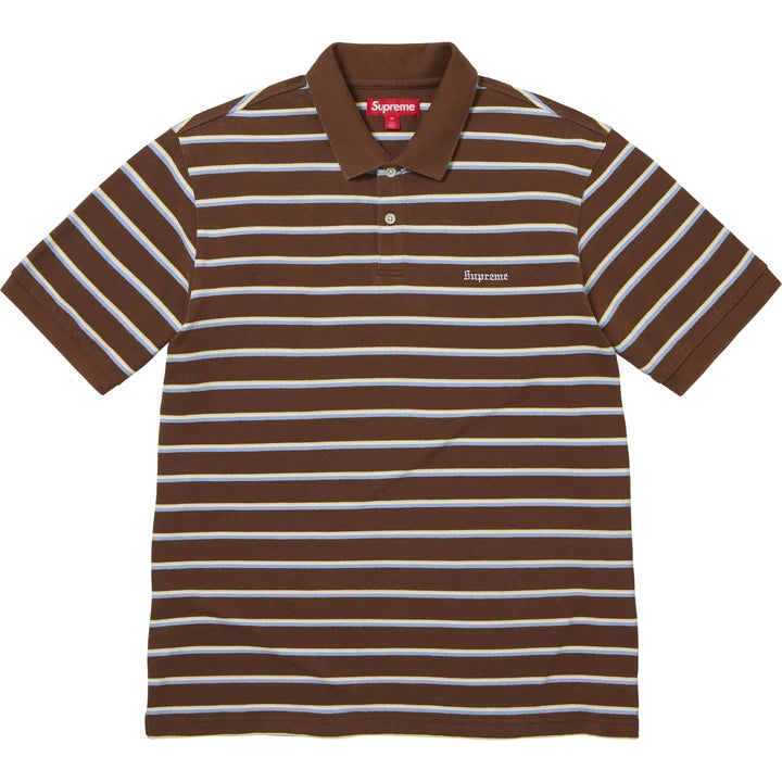Supreme striped polo in brown with light blue and cream stripes, brown collar and small Supreme script on the chest