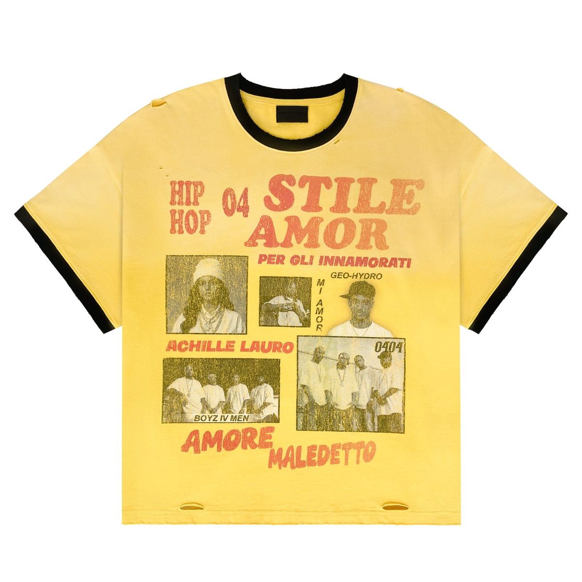Stile De Amor Yellow Popolare T-Shirt, yellow ringer tee with black trim and a red hip hop poster print with photo panels
