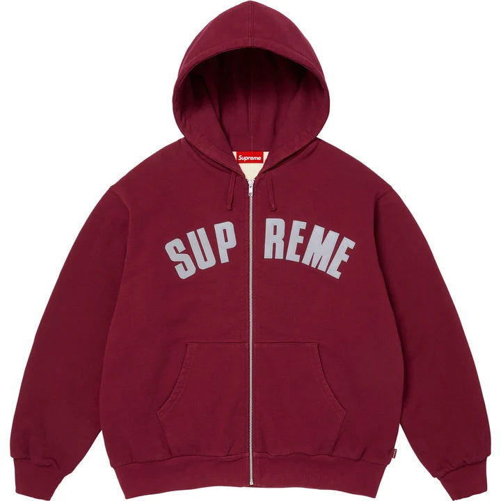 Supreme Arc Thermal zip hoodie in cardinal red with a grey applique arc SUPREME logo split by the zip, front view