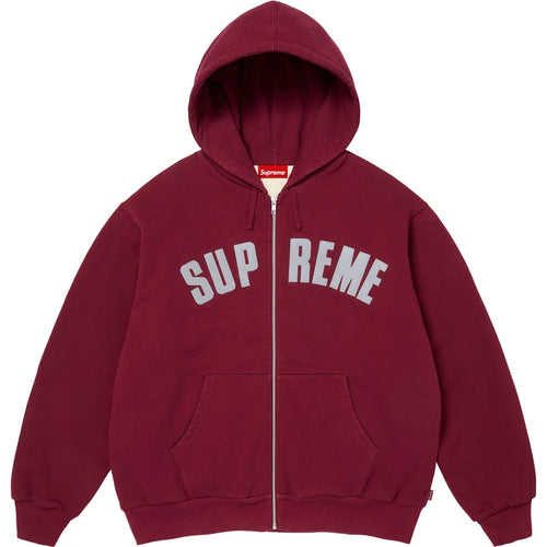 Supreme Arc Thermal zip hoodie in cardinal red with a grey applique arc SUPREME logo split by the zip, front view