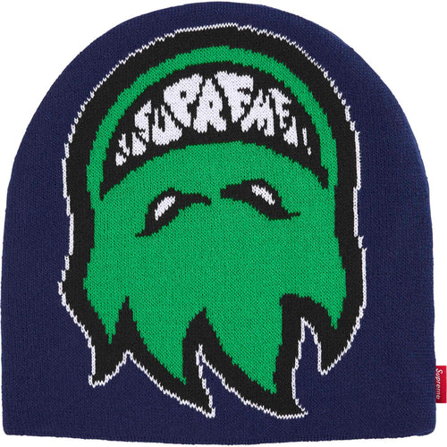 Supreme Spitfire Navy Beanie, navy knit beanie with a green flaming skull in a lettered bandana knitted across the front