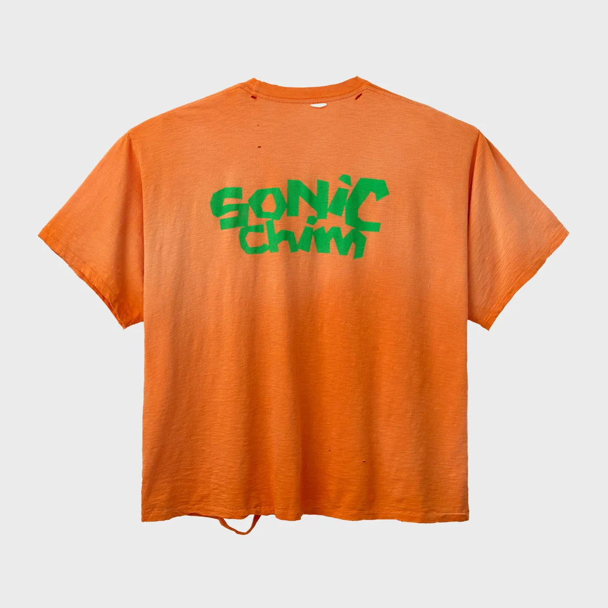Back of the faded orange HMDD Soul Snatcher tee with large green SONIC CHIM lettering