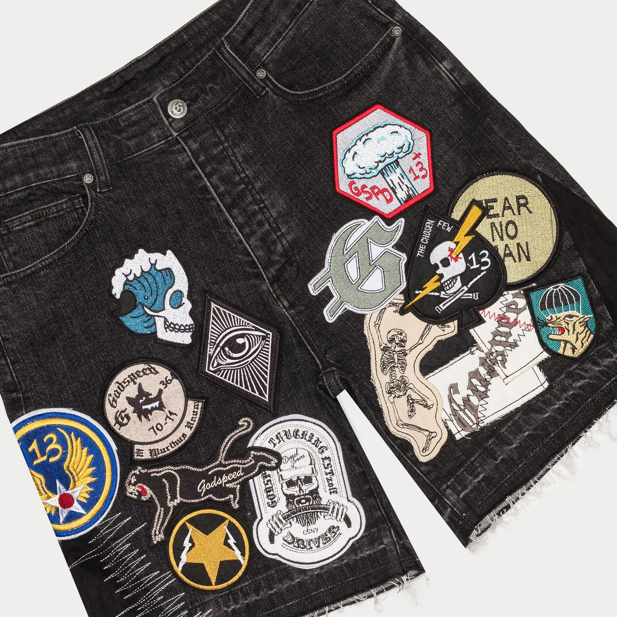Godspeed Black Patchwork Denim Shorts
