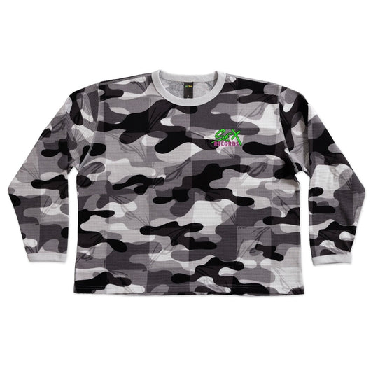 Matty Boy Snow Camo Sex Records Thermal — waffle-knit camo thermal with the small SEX RECORDS chest hit, grey collar
