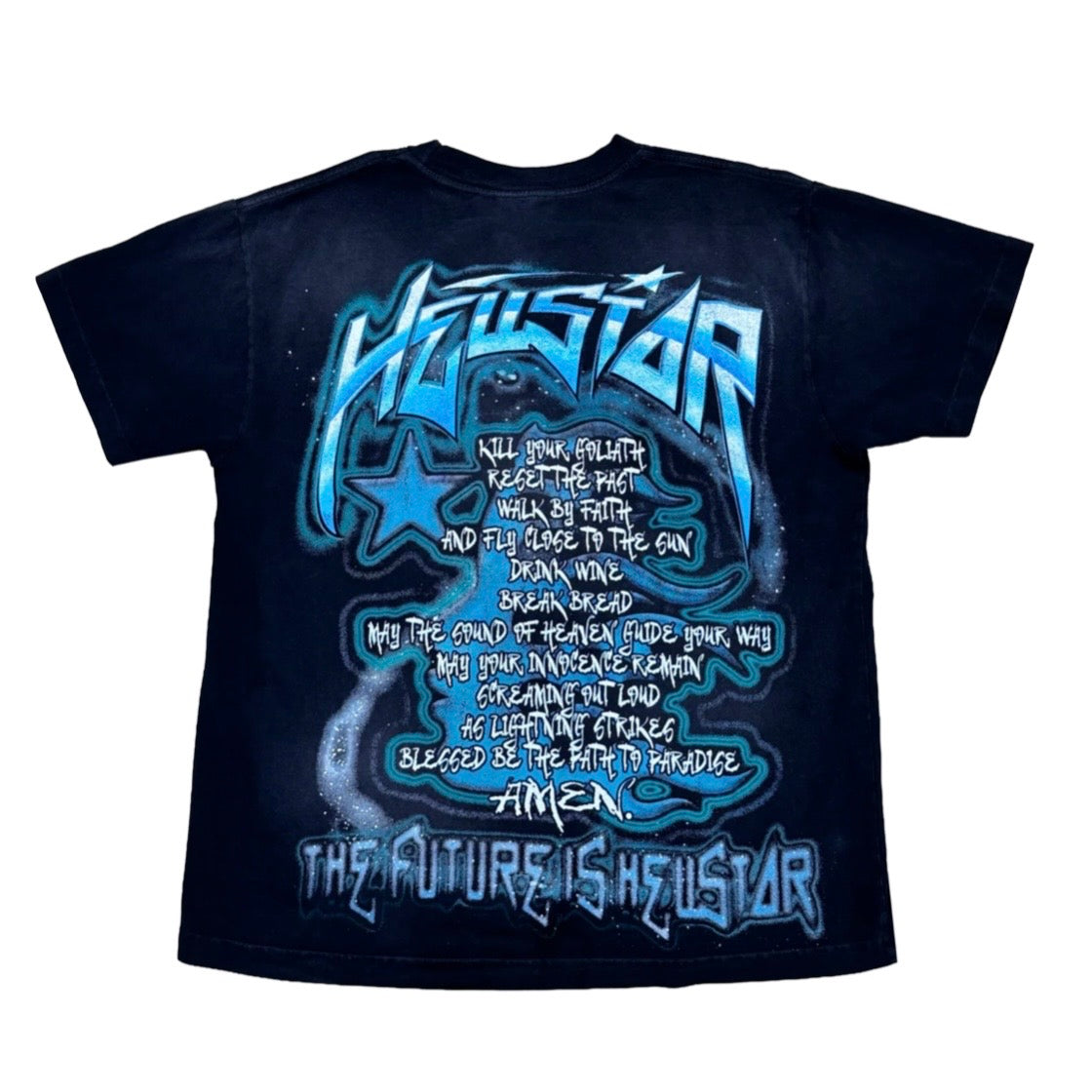 Hellstar Black Green Future Tee back with cyan verse text and a chrome hem wordmark