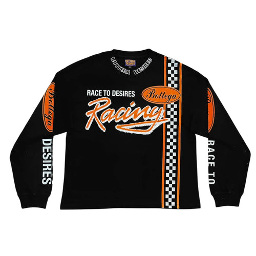Bottega Desires Jackie Robinson Jersey, black long-sleeve racing jersey with orange Racing script and a checkered flag stripe