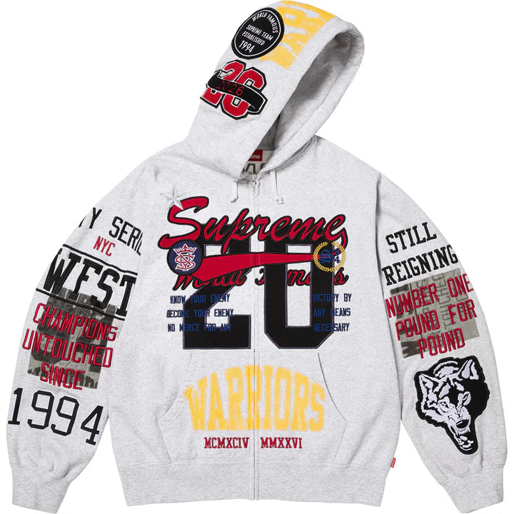 Supreme Ash Grey Warriors Applique Zip Hoodie