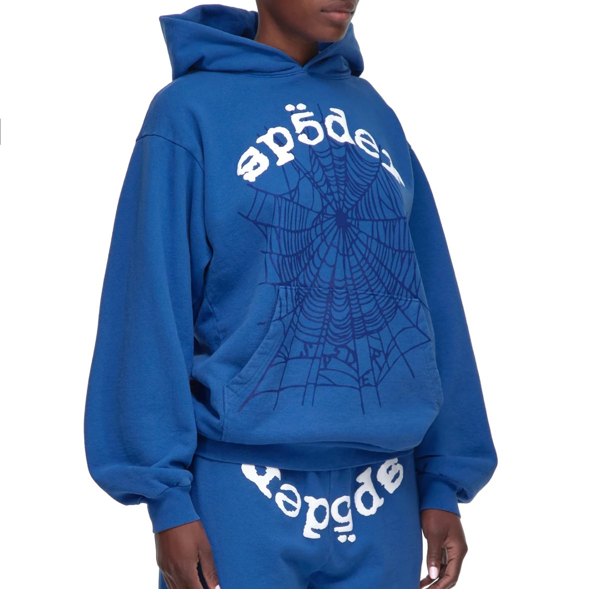 Sp5der Blue White Legacy Hoodie On Body Front Right Female