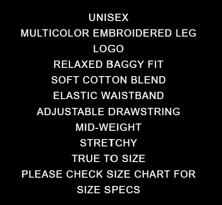 Product details card listing the sweatpants' fit, fabric and construction features