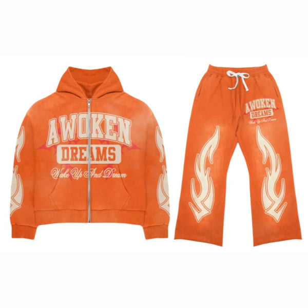 Awoken Dreams Orange OG  Logo Set, orange zip hoodie and flared sweatpants with cream varsity print and flame graphics